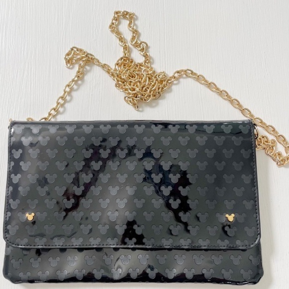 Disney Parks Mickey Mouse Black Vinyl Gold Chain Bag